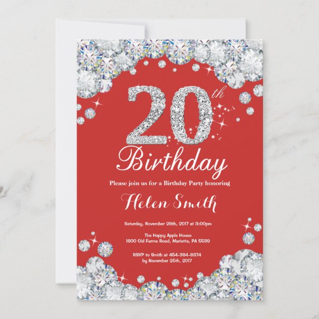 Invitación de cumpleaños número 20 Diamante rojo y (Anverso)