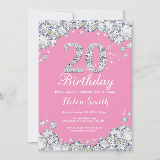 Invitación de cumpleaños número 20 Diamante rosa y (Anverso)