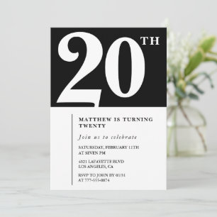 Invitación de cumpleaños número 20 negra Elegante 