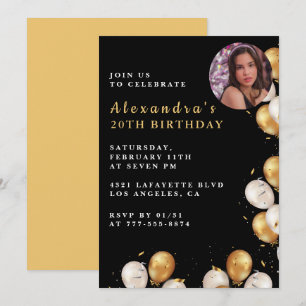 Invitación de cumpleaños número 20 negra Globo dor