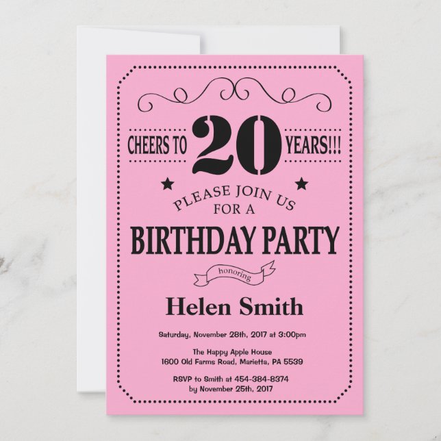 Invitación de cumpleaños número 20 negra y rosa (Anverso)