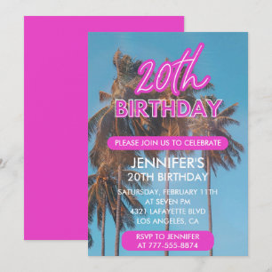 invitación de cumpleaños número 20 Palmera rosa de
