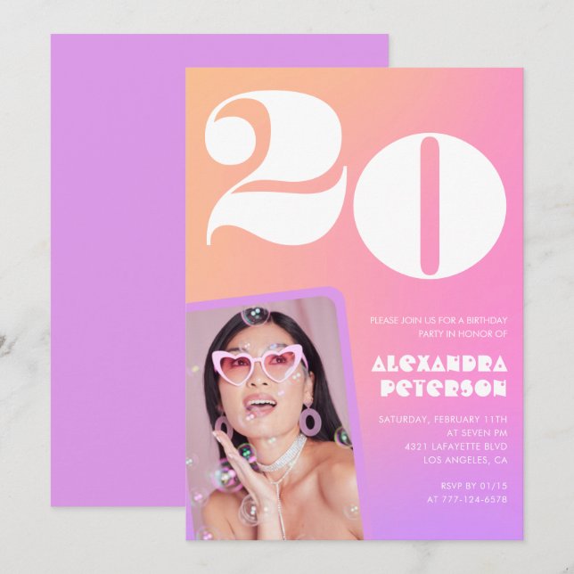 Invitación de cumpleaños número 20 Pink Orange Ret (Anverso / Reverso)