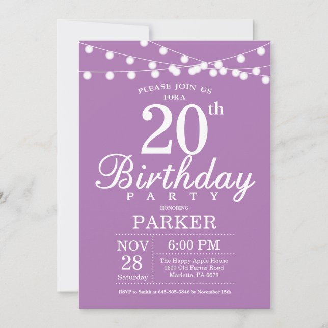 Invitación de cumpleaños número 20 púrpura lavanda (Anverso)