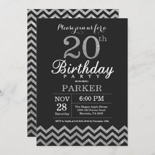 Invitación de cumpleaños número 20 Purpurina negro