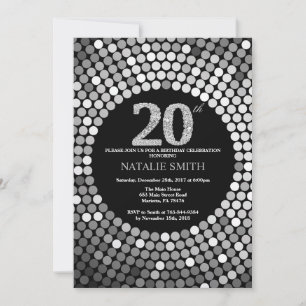 Invitación de cumpleaños número 20 Purpurina negro