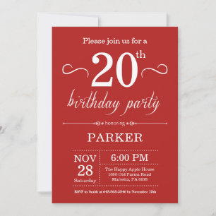 Invitación de cumpleaños número 20 roja