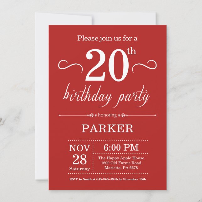 Invitación de cumpleaños número 20 roja (Anverso)
