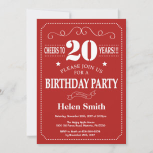 Invitación de cumpleaños número 20 roja y blanca