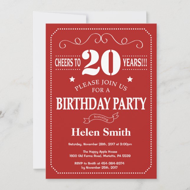 Invitación de cumpleaños número 20 roja y blanca (Anverso)
