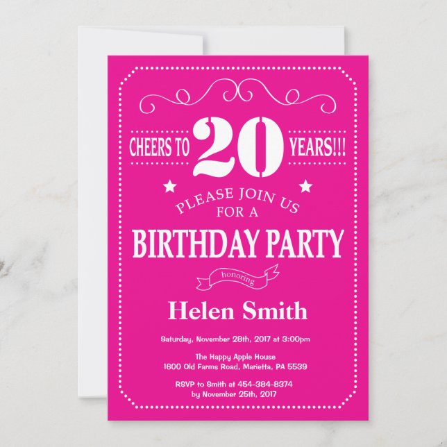 Invitación de cumpleaños número 20 rosa intenso y  (Anverso)