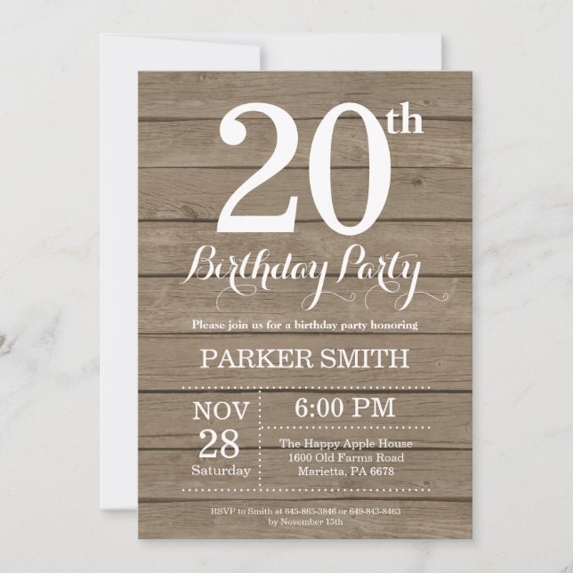 Invitación de cumpleaños número 20 rústica (Anverso)