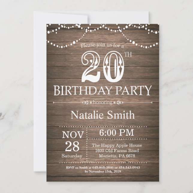 Invitación de cumpleaños número 20 rústica con luc (Anverso)