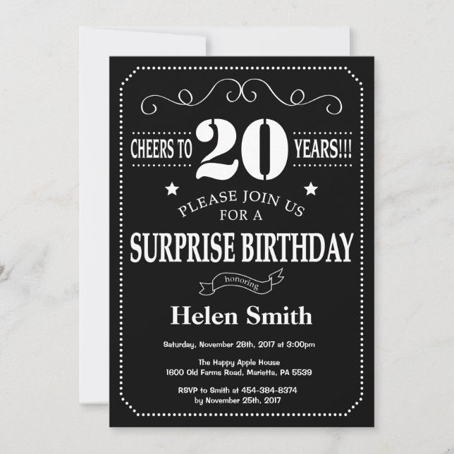 Invitación de cumpleaños número 20 sorpresa pizarr (Anverso)