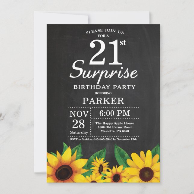 Invitación de cumpleaños número 21 a la sorpresa d (Anverso)