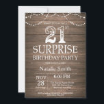 Invitación de cumpleaños número 21 a la sorpresa r<br><div class="desc">Invitación de cumpleaños 21 de Rustic Surprise con antecedentes de madera rústica. Luces de cadena. Retro Vintage de campo. Cumpleaños de adultos. Cumpleaños de hombres o mujeres.
Para más personalización,  haga clic en el botón "Personalizar" y utilice nuestra herramienta de diseño para modificar esta plantilla.</div>