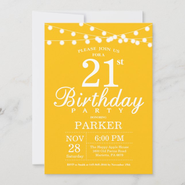 Invitación de cumpleaños número 21 Amarillo (Anverso)