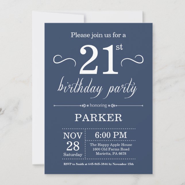 Invitación de cumpleaños número 21 Azul (Anverso)