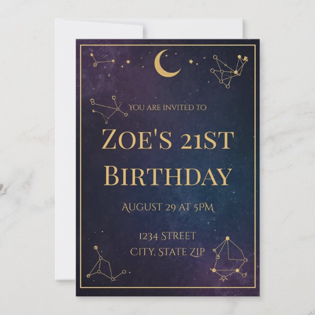 Invitación de cumpleaños número 21 Celestial | Est (Anverso)