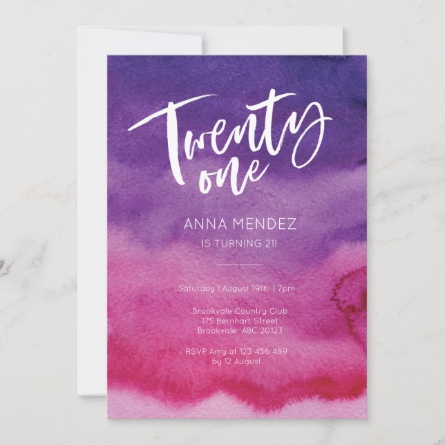 Invitación de cumpleaños número 21 color morado ro (Anverso)