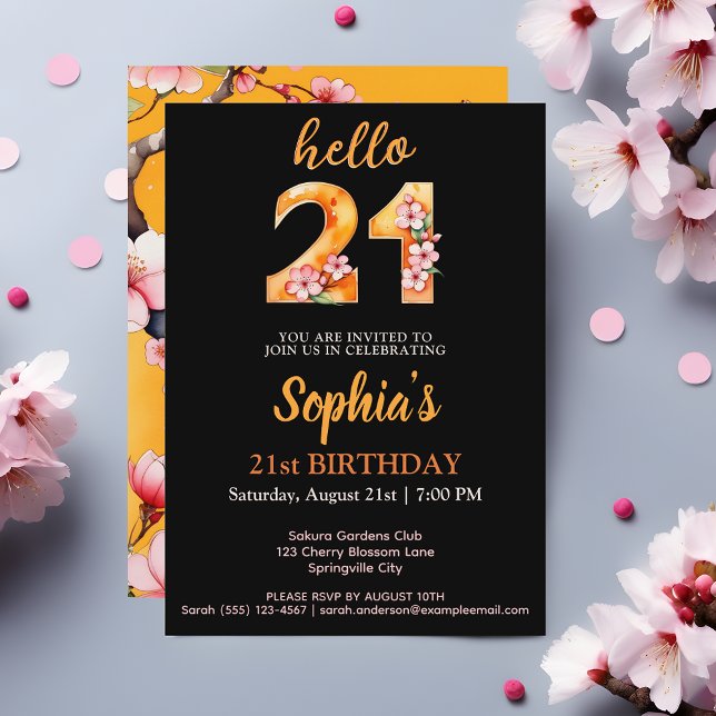 Invitación de Cumpleaños número 21 con Estilo Saku (Hello 21 Chic Sakura Themed 21st Birthday Party Invitation - Elegance Meets Blossoming Beauty 🌸🎉)