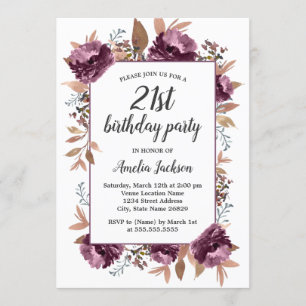 Invitación de cumpleaños número 21 con flor de agu