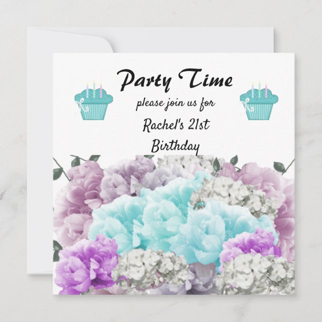Invitación de cumpleaños número 21 con flores (Anverso)