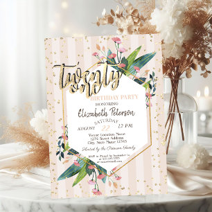 Invitación de cumpleaños número 21 con rayas flora
