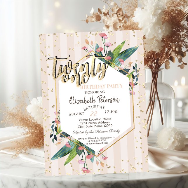 Invitación de cumpleaños número 21 con rayas flora (Subido por el creador)