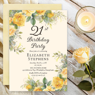 Invitación de cumpleaños número 21 con rosa amaril