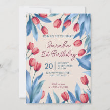 Invitación de cumpleaños número 21 con tulipán flo