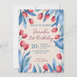 Invitación de cumpleaños número 21 con tulipán flo