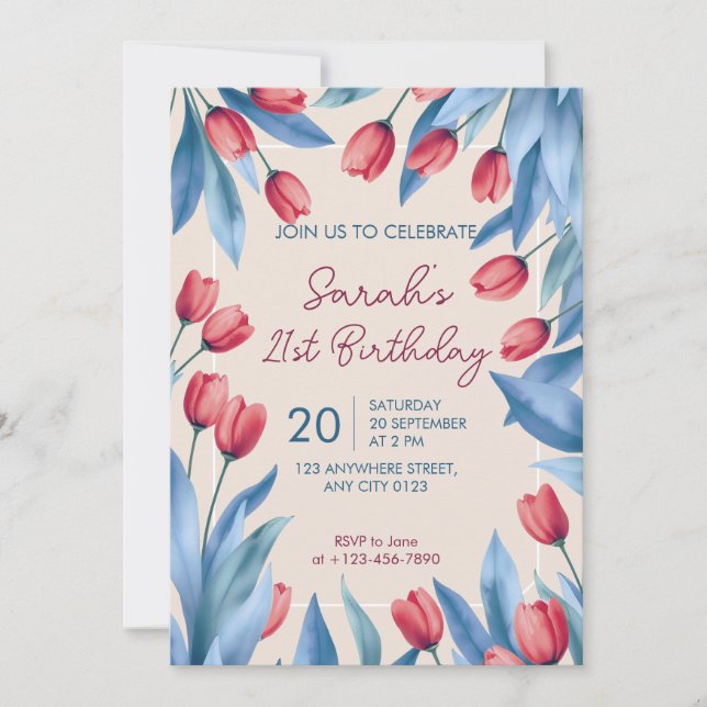 Invitación de cumpleaños número 21 con tulipán flo (Anverso)