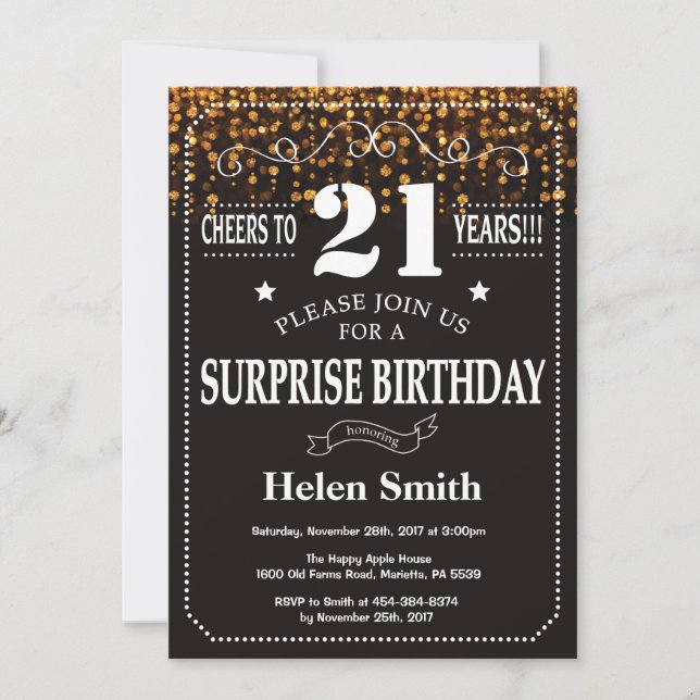 Invitación de cumpleaños número 21 de Gold Purpuri (Anverso)