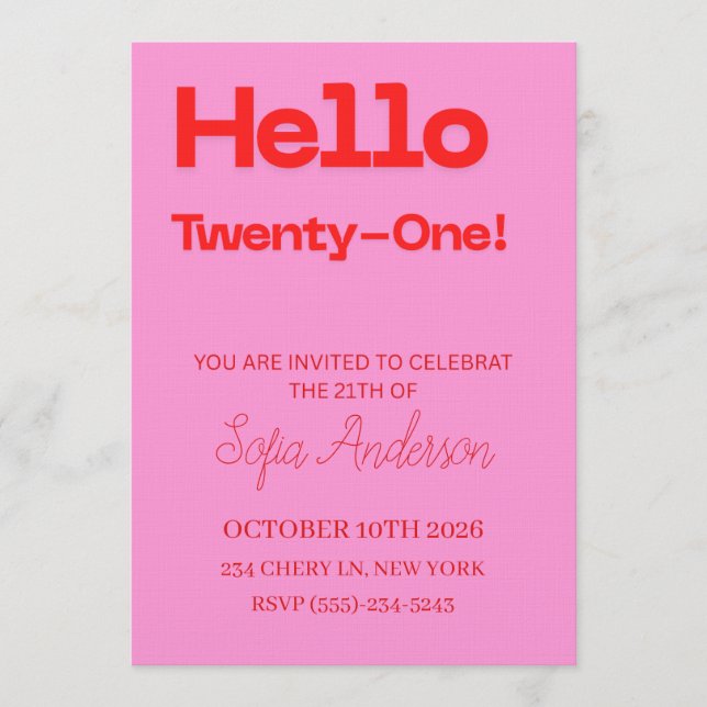 Invitación de cumpleaños número 21 en rosa y rojo  (Anverso)