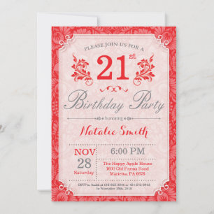 Invitación de cumpleaños número 21 floral roja par