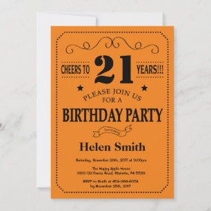 Invitación de cumpleaños número 21 negra y naranja