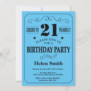 Invitación de cumpleaños número 21 negro y azul