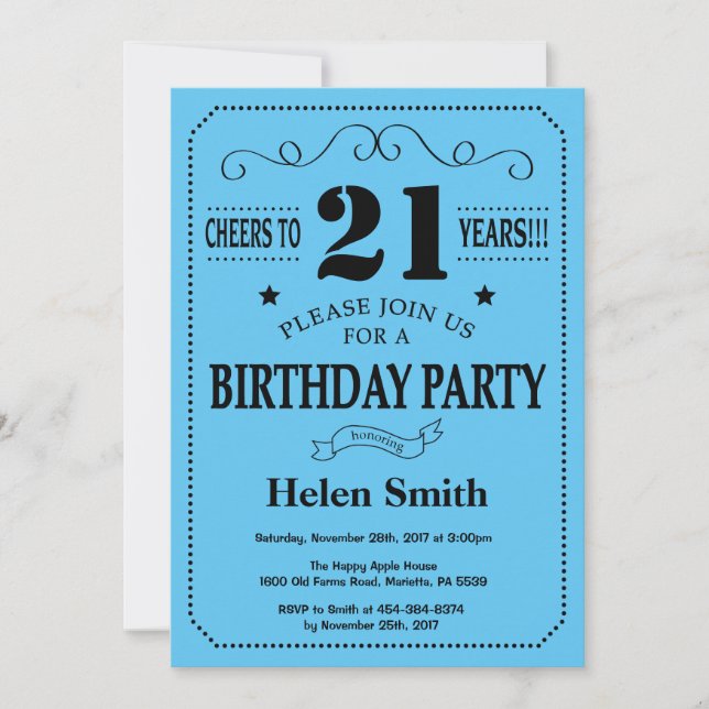 Invitación de cumpleaños número 21 negro y azul (Anverso)