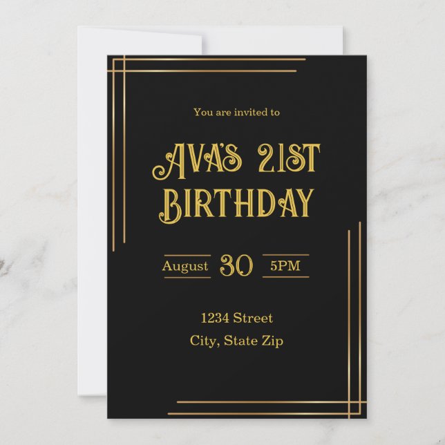 Invitación de cumpleaños número 21 – Negro y dorad (Anverso)