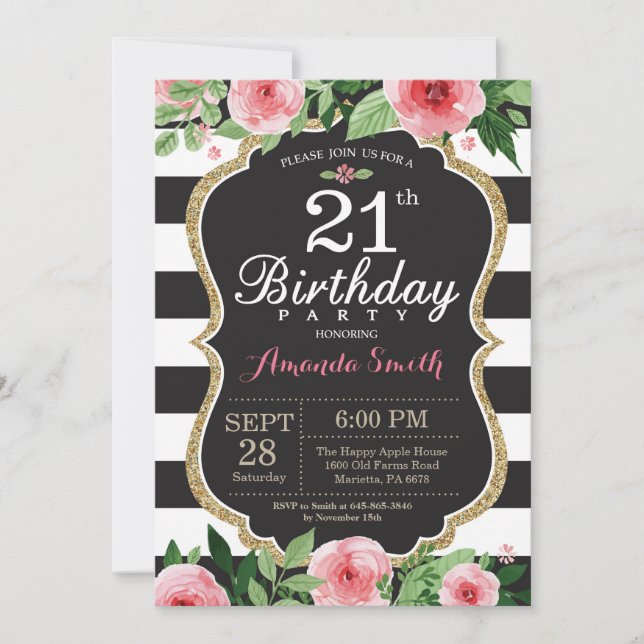 Invitación de cumpleaños número 21 para mujeres. F (Anverso)