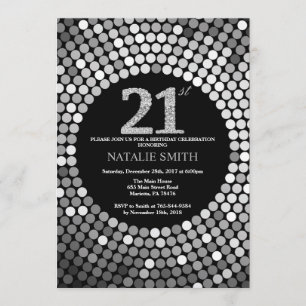 Invitación de cumpleaños número 21 Purpurina negro
