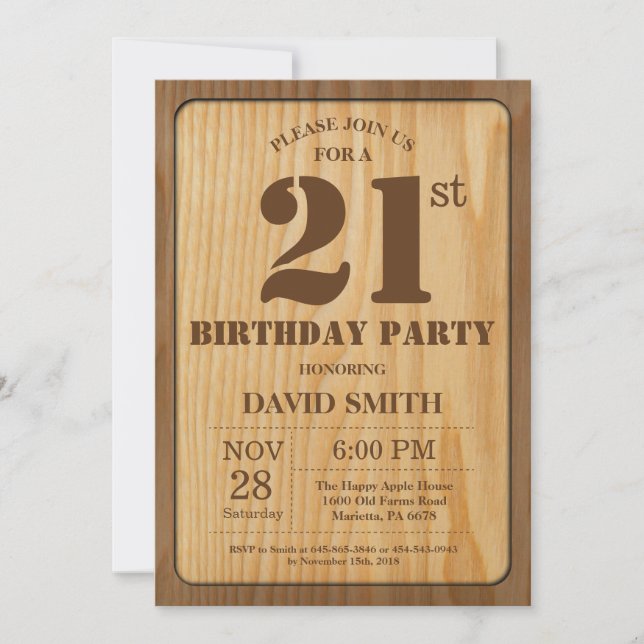 Invitación de cumpleaños número 21 rústica de made (Anverso)
