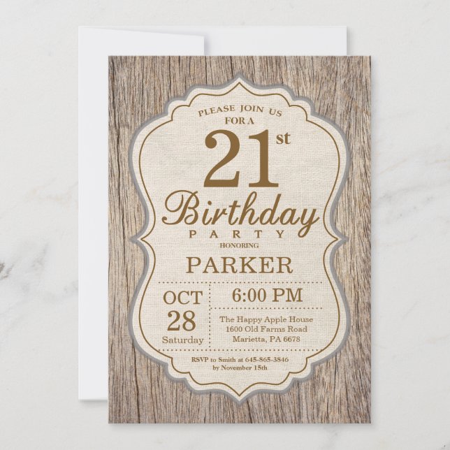 Invitación de cumpleaños número 21 rústica de made (Anverso)