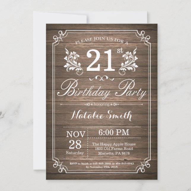 Invitación de cumpleaños número 21 rústica floral (Anverso)
