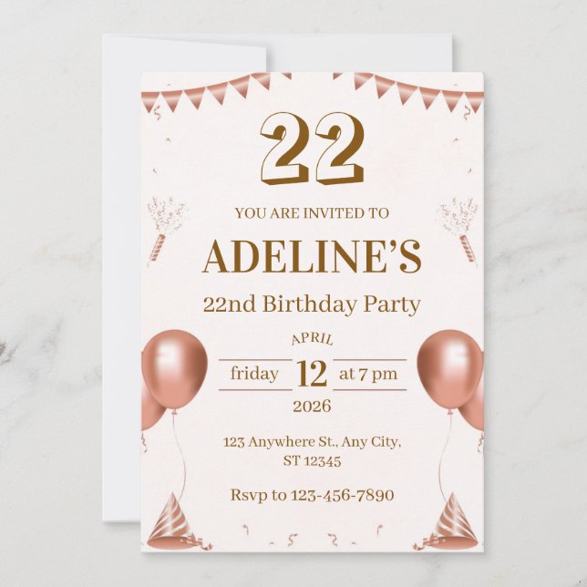 Invitación de cumpleaños número 22 ilustrada en ro (Anverso)