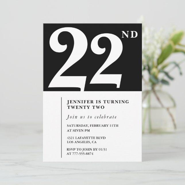 Invitación de cumpleaños número 22 negra Elegante  (Anverso de pie)