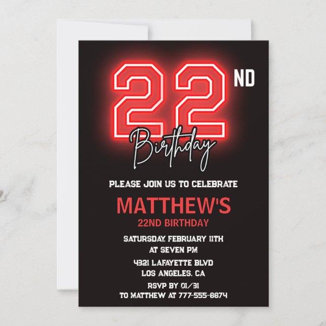 Invitación de cumpleaños número 22 Neon Black Homb (Anverso)