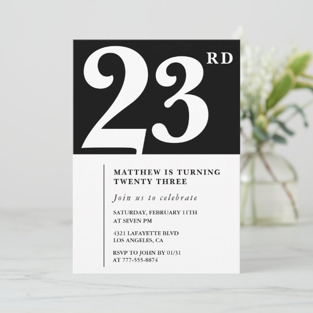 Invitación de cumpleaños número 23 negra Elegante  (Anverso de pie)