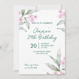 Invitación de cumpleaños número 24 con flores rosa